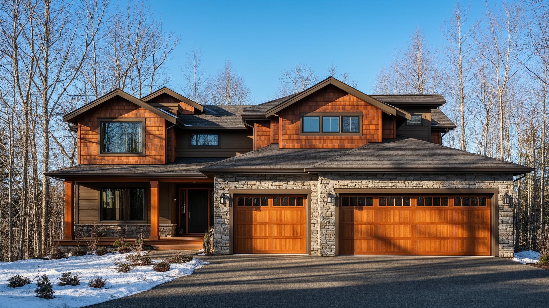 Beautiful Tuscan inspired garage doors with stone surround on modern home